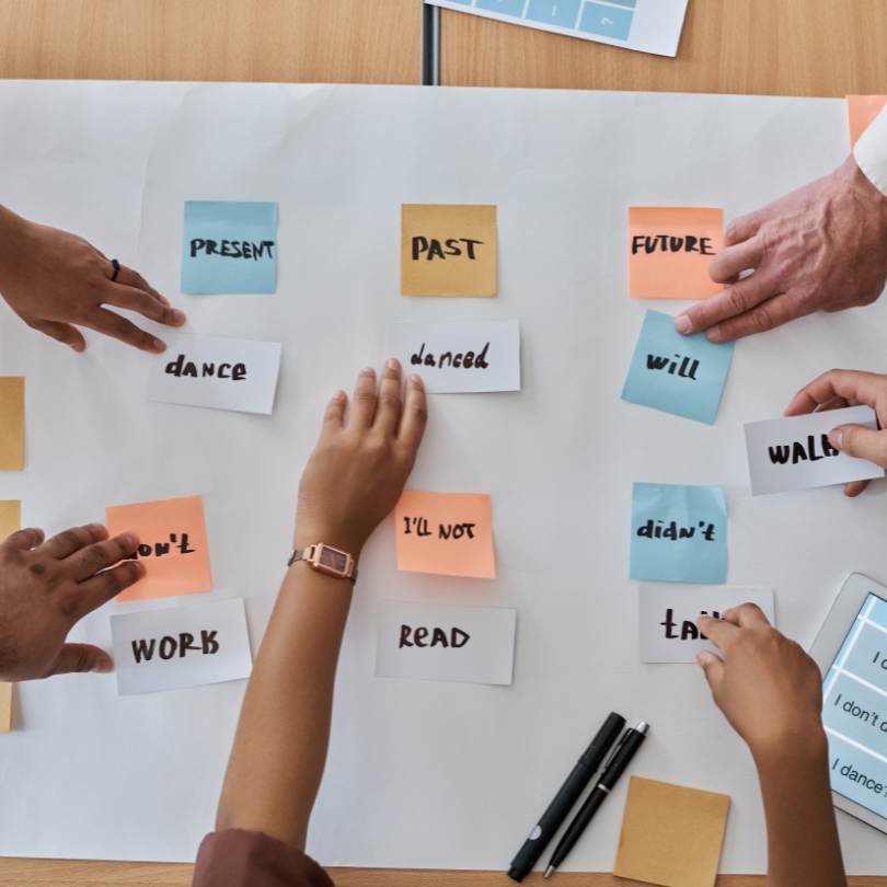 Manos de estudiantes organizando tarjetas de verbos en distintos tiempos verbales en inglés: presente, pasado y futuro, durante una actividad de aprendizaje