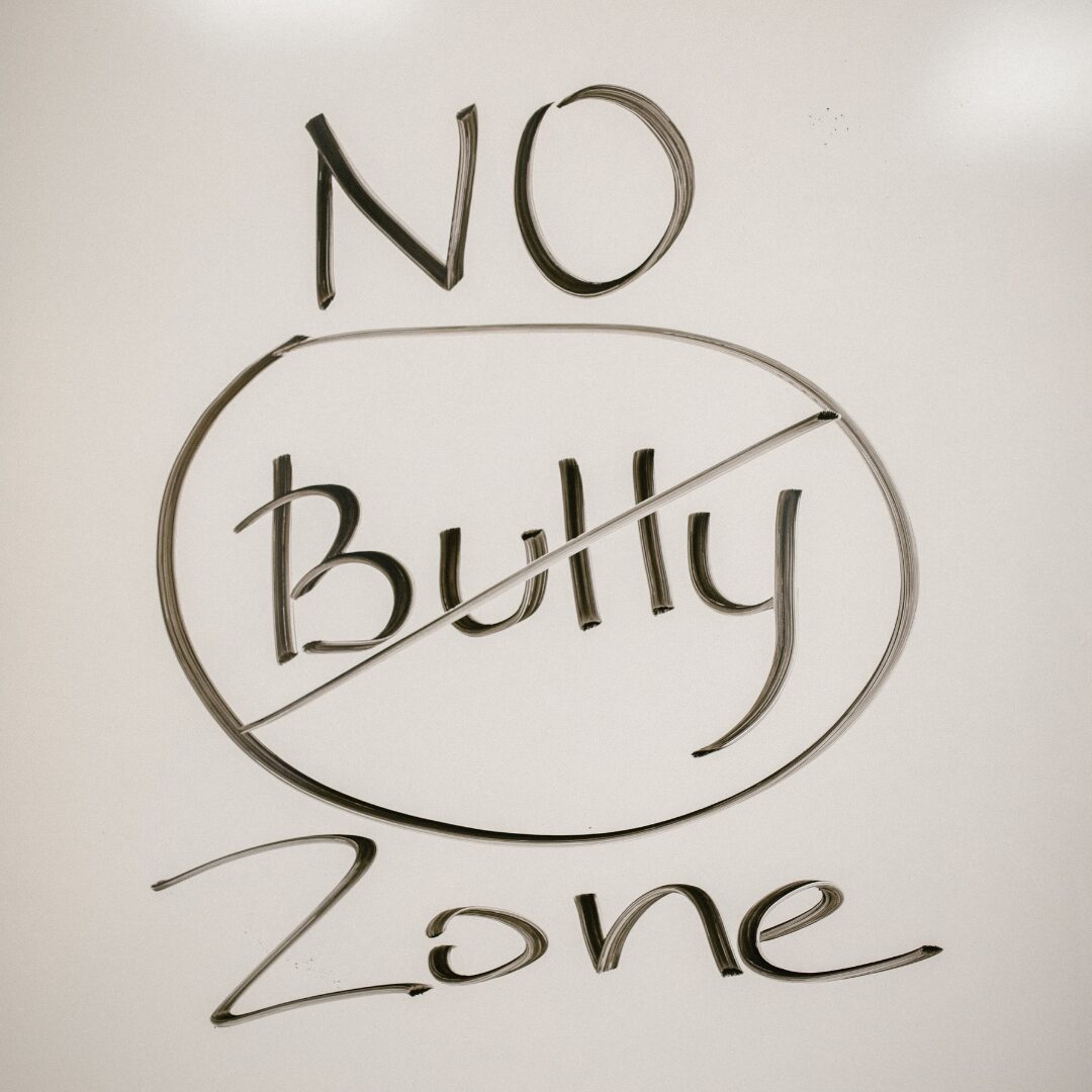 Letrero escrito a mano que dice 'No Bully Zone', con un círculo alrededor de la palabra 'Bully' y una línea que la cruza