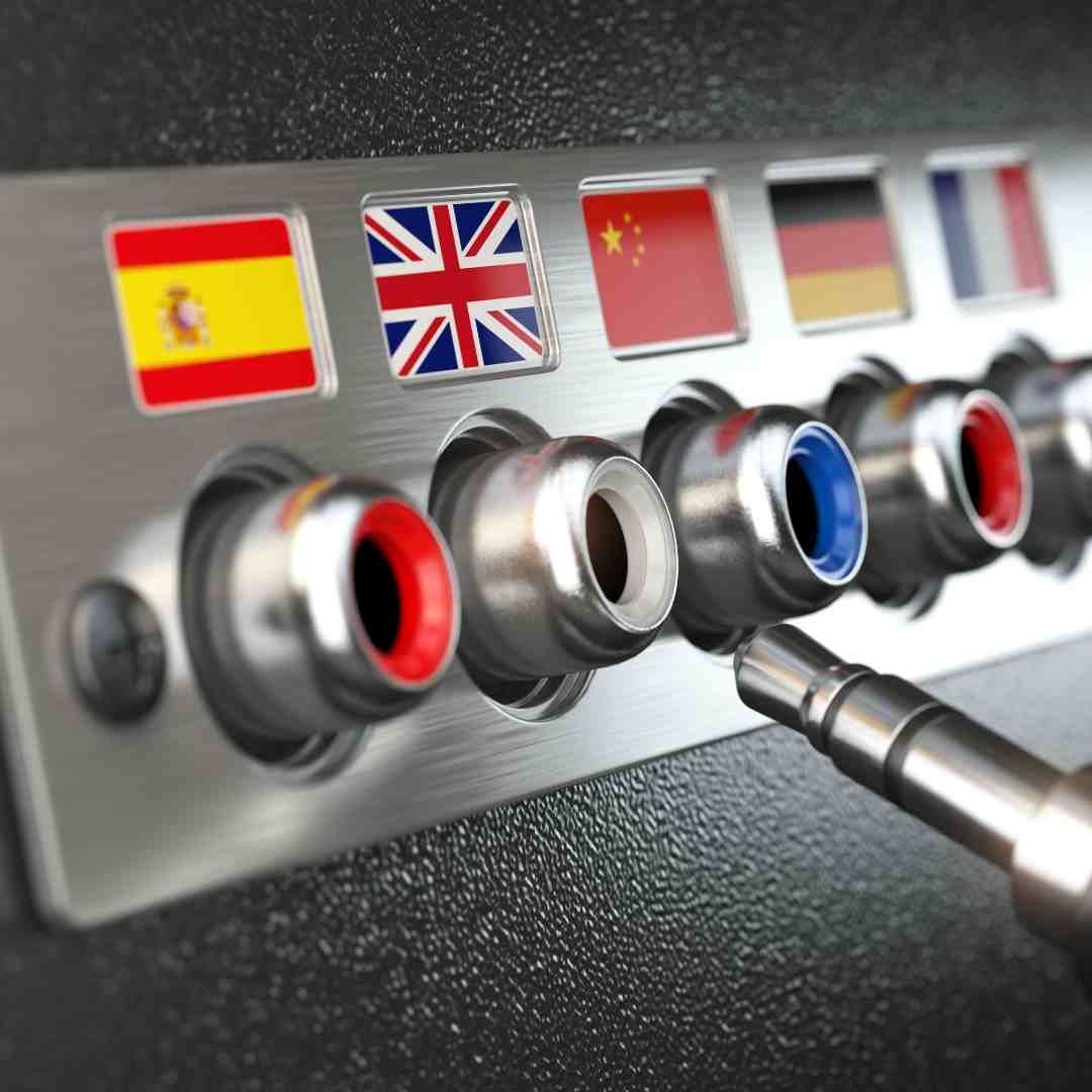 Panel de selección de idiomas con banderas de varios países, incluyendo España, Reino Unido, China, Alemania y Francia, indicando opciones de audio multilingüe